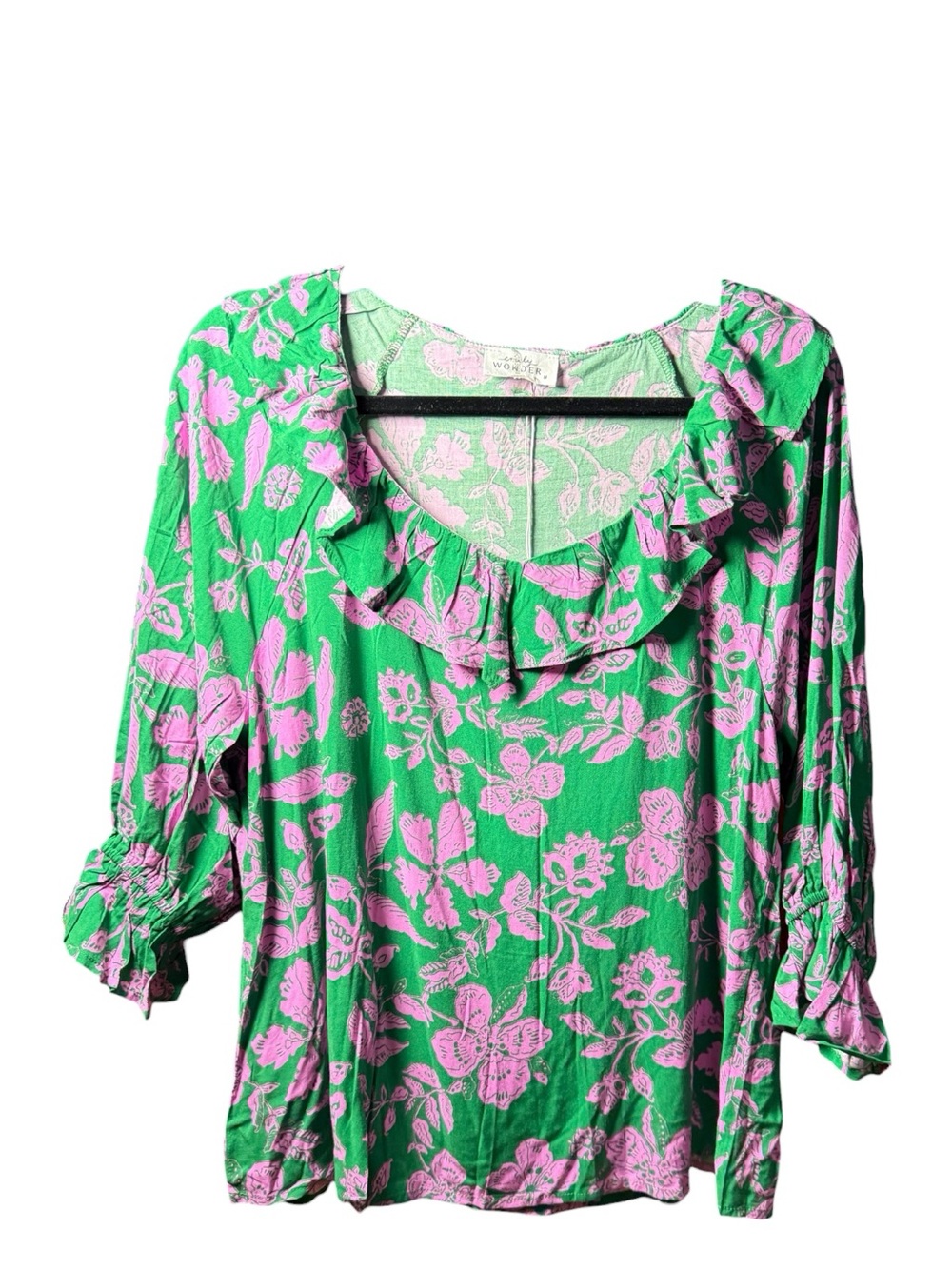 Emily Wonder Green Pink Floral Ruffle Blouse Size Medium NWT